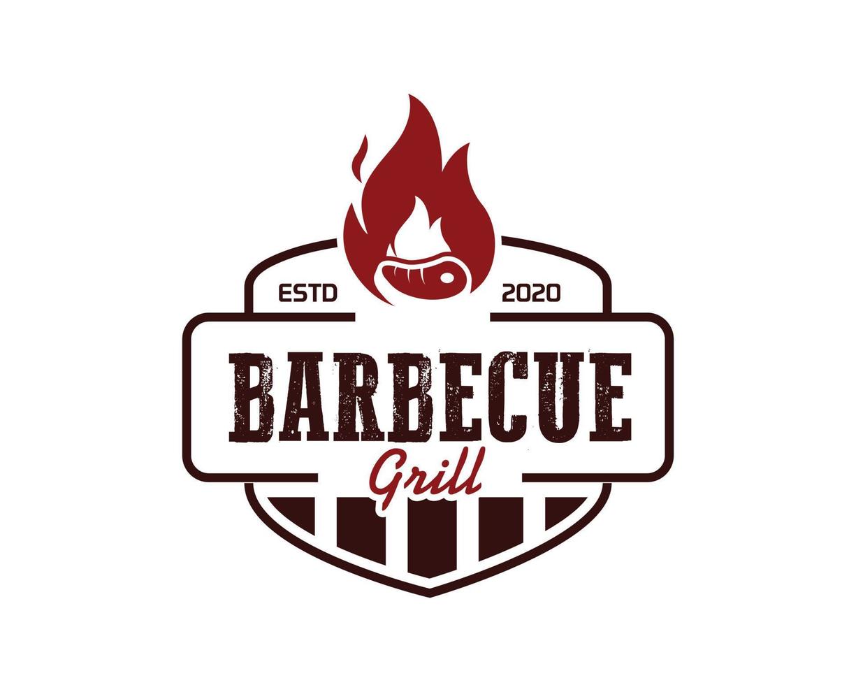 ristorante barbecue - icona logo di barbecue, grill e bar con fuoco, forchetta e spatola per grill. modello di logo barbecue. illustrazione vettoriale