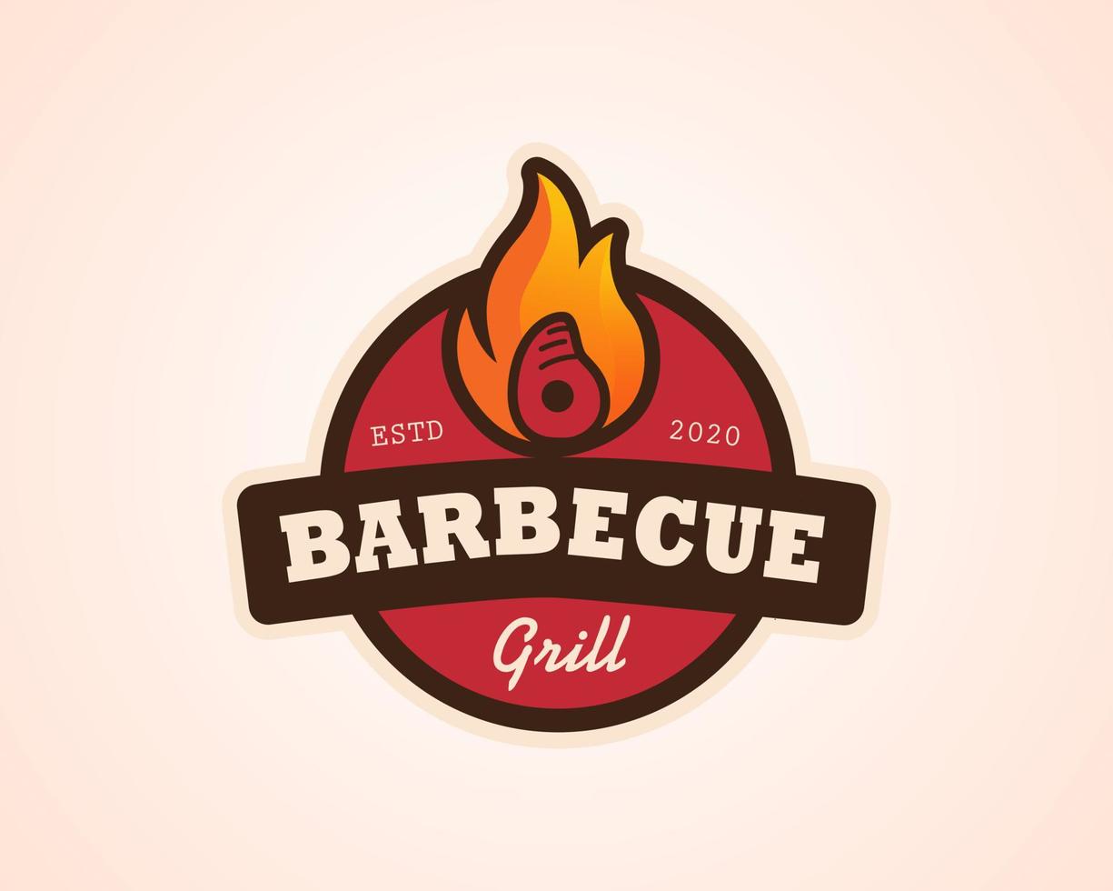 ristorante barbecue - icona logo di barbecue, grill e bar con fuoco, forchetta e spatola per grill. modello di logo barbecue. illustrazione vettoriale