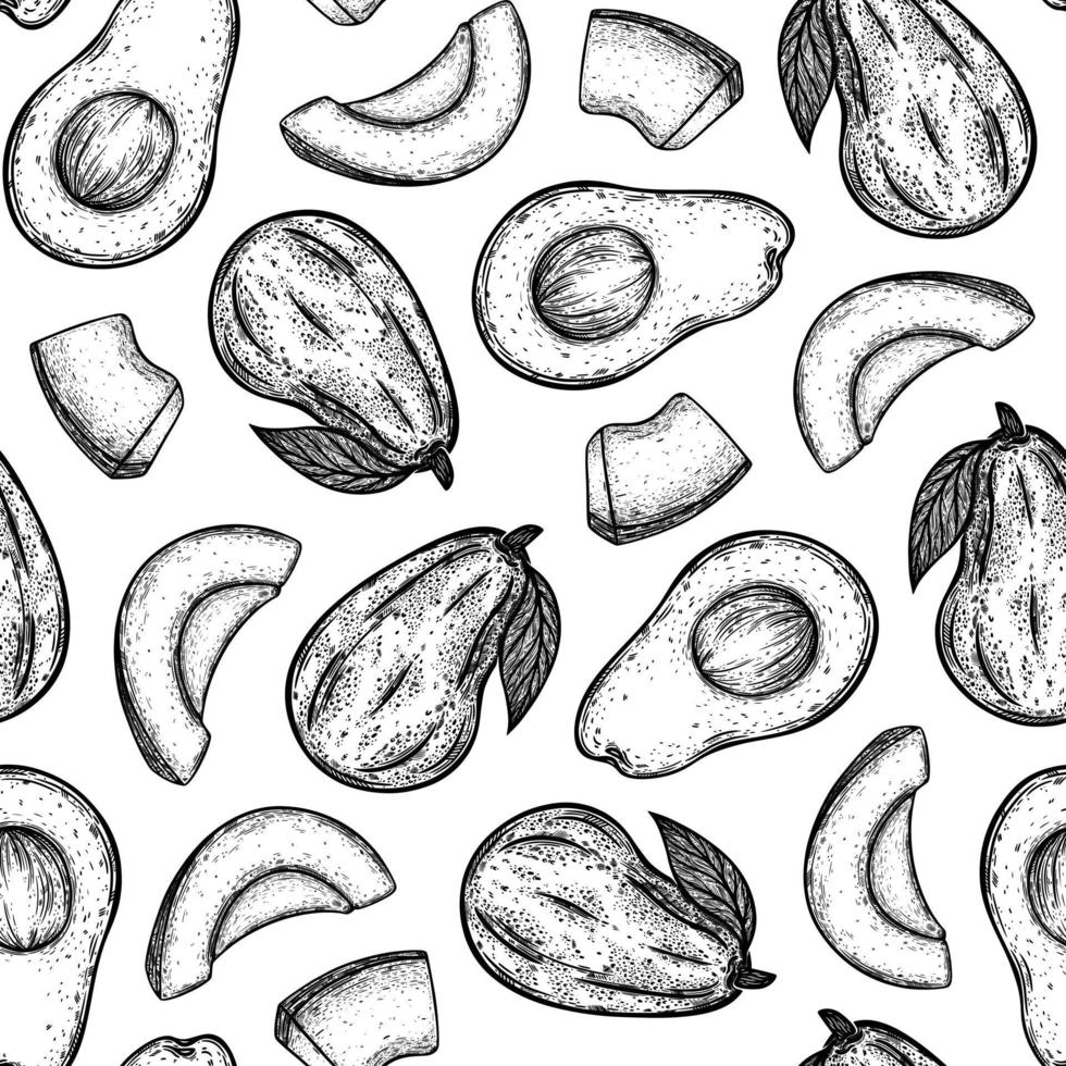 avocado seamless vettore pattern.whole garden fruit, tagliato a metà, fetta. verdura esotica fresca con seme, polpa matura, su un ramo con una foglia. schizzo di cibo in bianco e nero disegnato a mano. contorno monocromatico