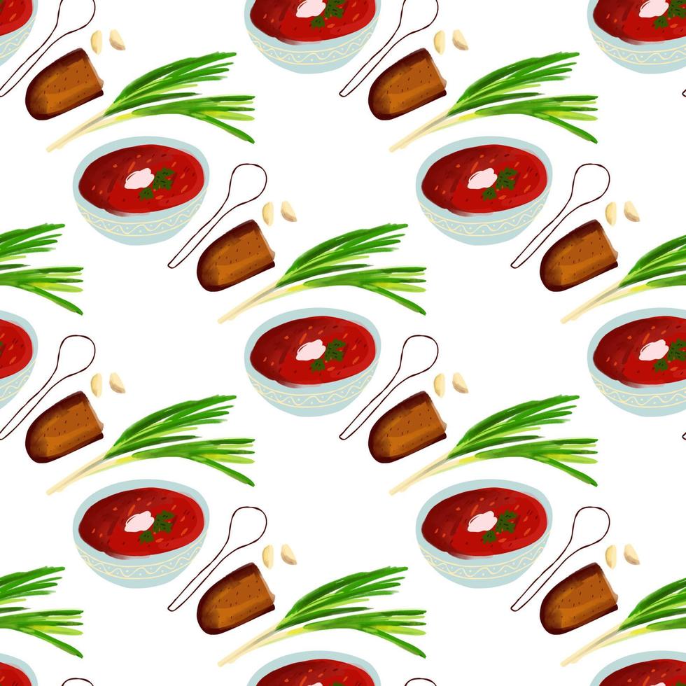 modello senza cuciture con piatto di illustrazione della cucina ucraina borsch. vettore