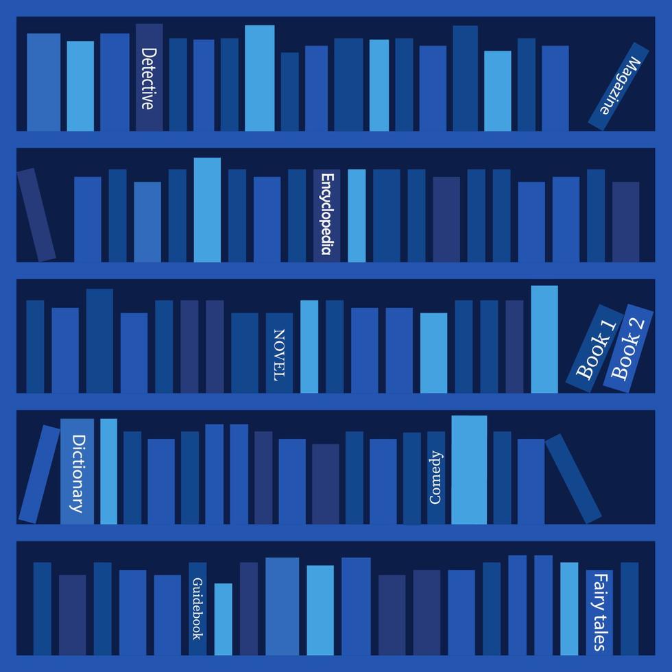 un sacco di libri sugli scaffali in ombre blu. illustrazione vettoriale. vettore