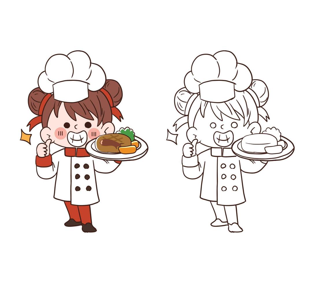 ragazza carina giovane chef sorridente e in possesso di un'illustrazione di arte vettoriale giapponese hamburg.cartoon