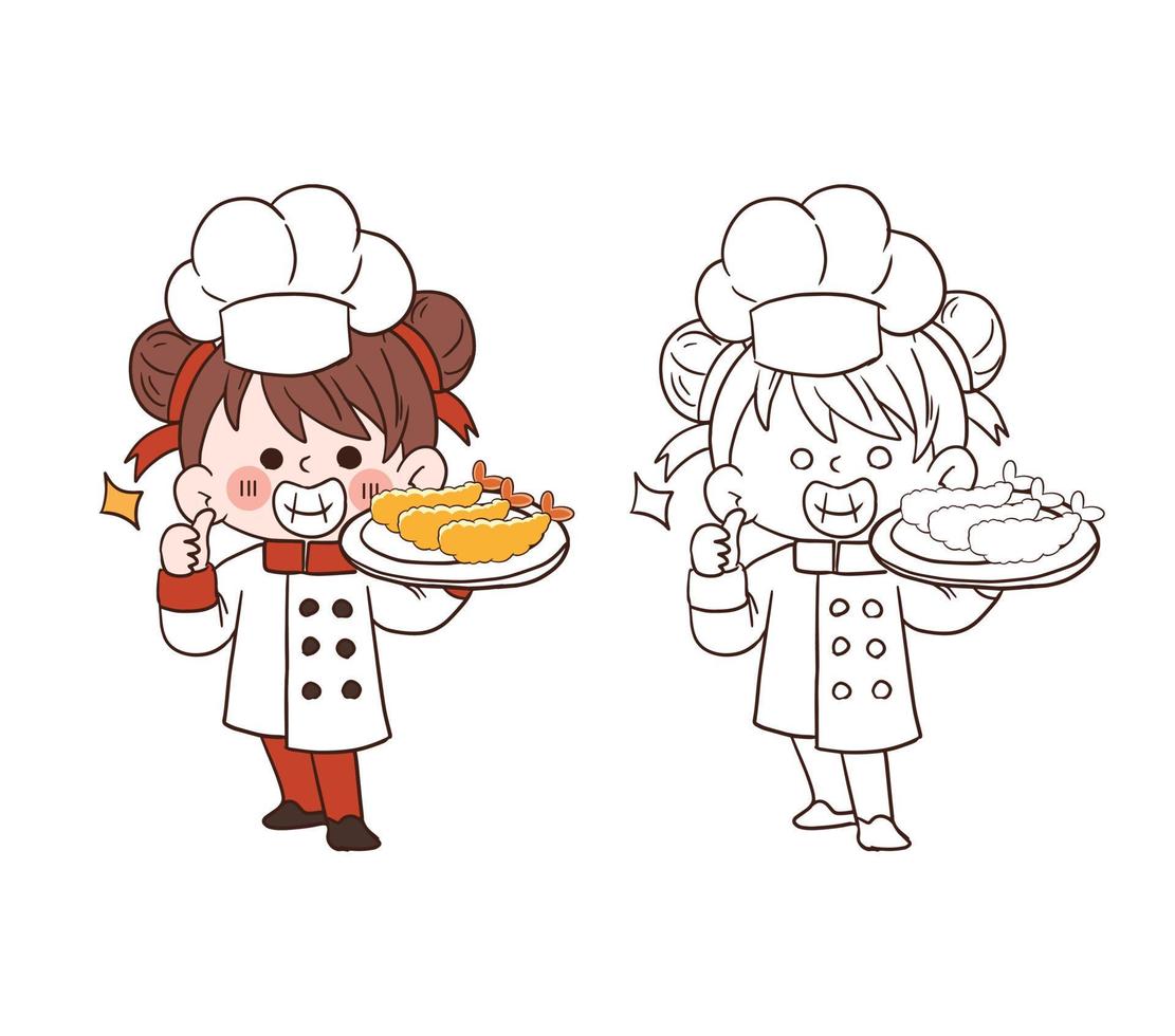 ragazza carina giovane chef sorridente e in possesso di un gambero fritto, tempura.cartoon illustrazione di arte vettoriale