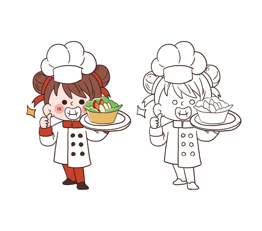 ragazza carina giovane chef sorridente e in possesso di un'insalata vegetariana.illustrazione di arte vettoriale cartone animato