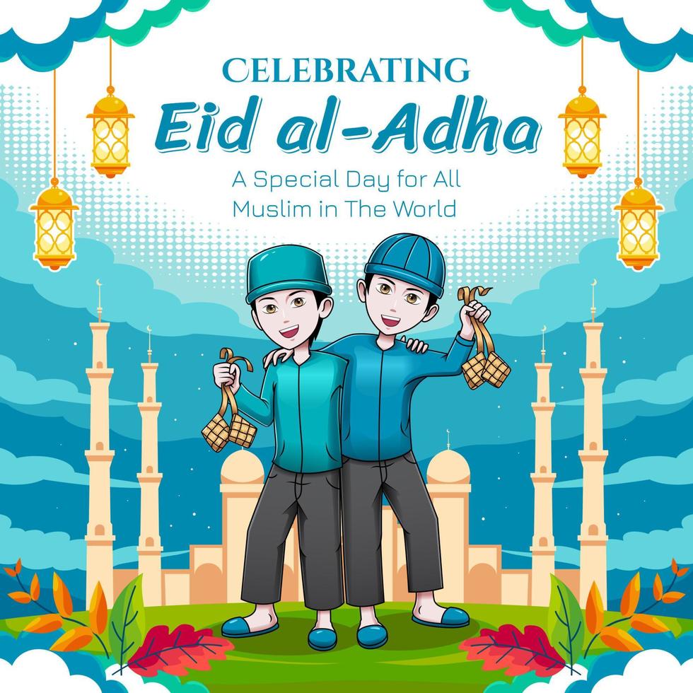 due ragazzi che celebrano l'eid al adha vettore