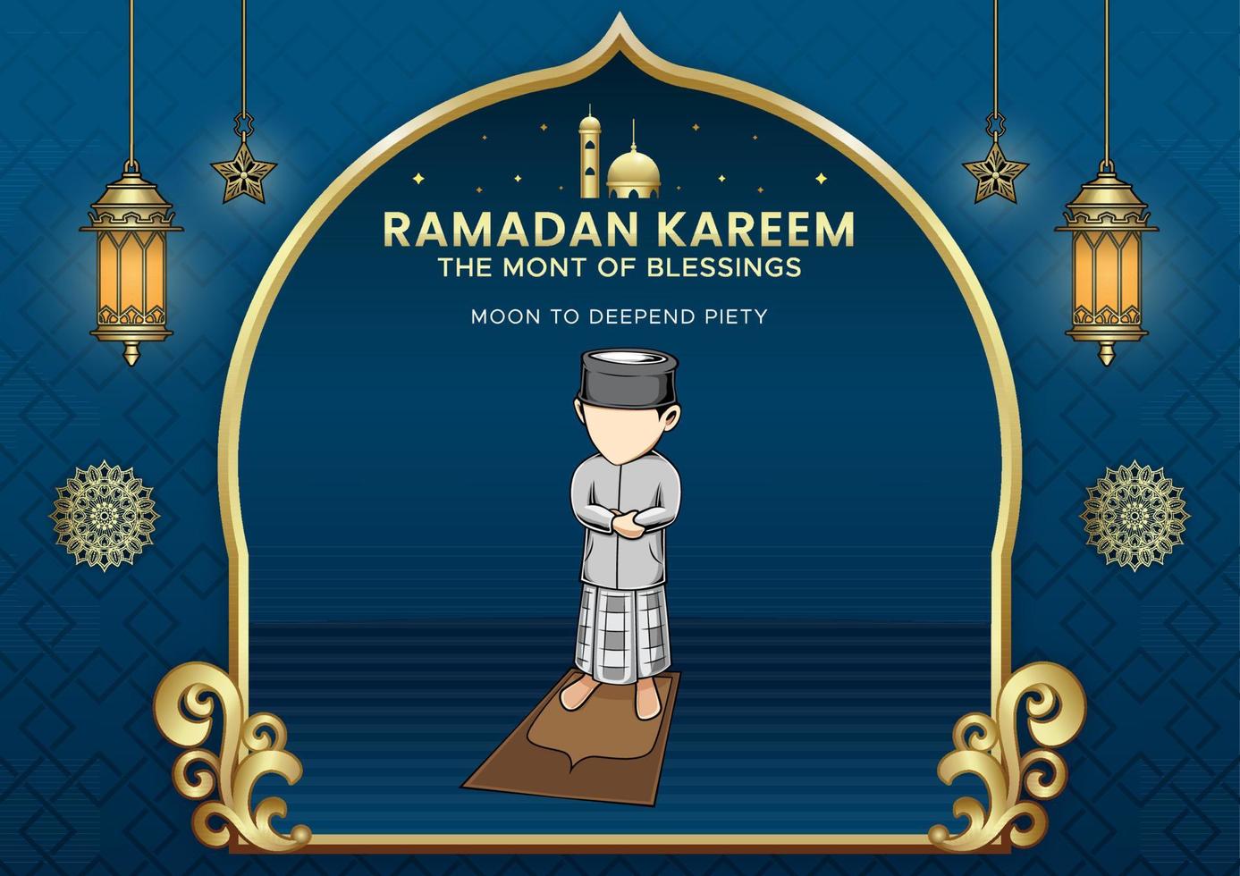sfondo islamico del ramadan kareem con l'illustrazione del bambino che prega vettore