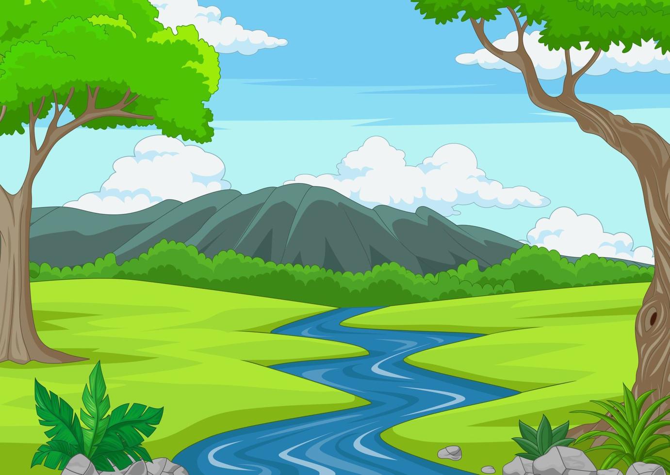 scena della foresta con illustrazione del fiume vettore