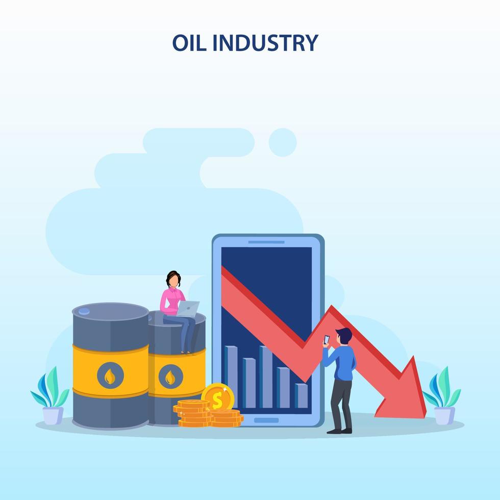 personaggio dell'uomo d'affari guardando il calo del prezzo del grafico del petrolio con il tamburo dell'olio e il vettore piatto delle monete