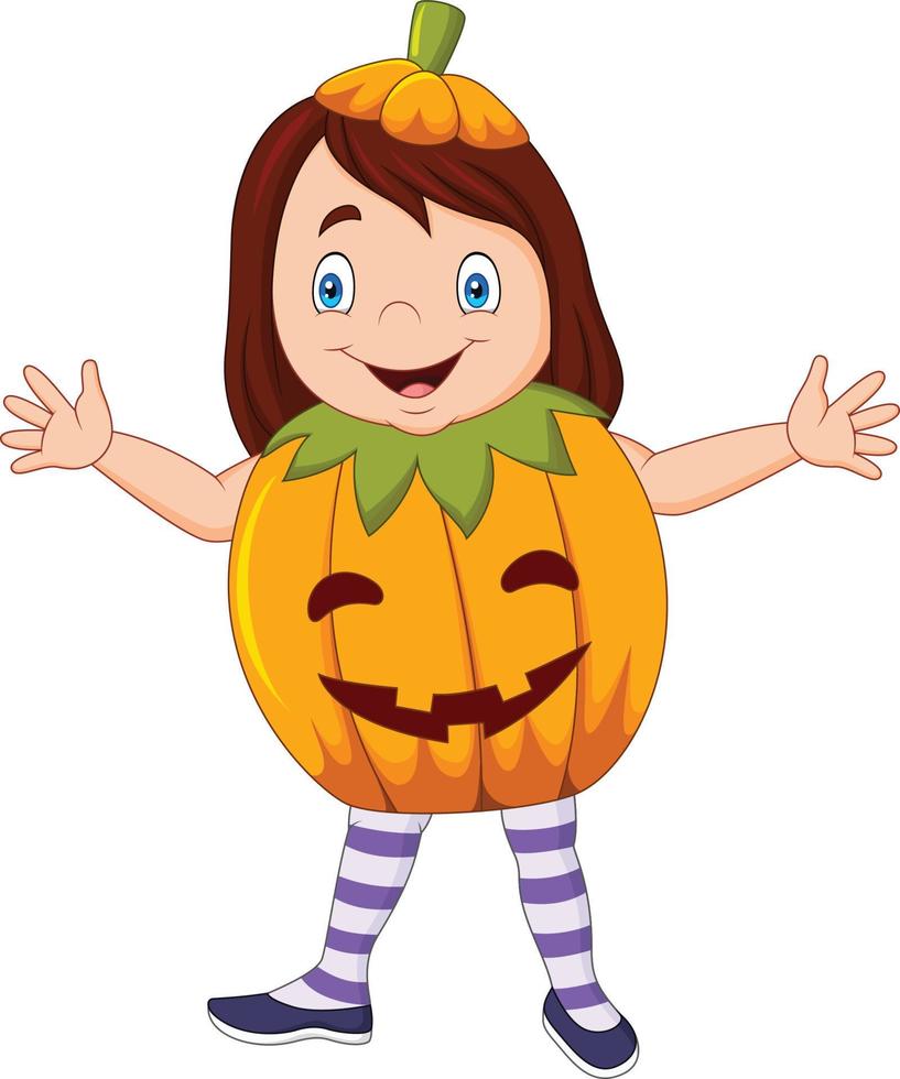 bambino cartone animato con costume da zucca di halloween vettore