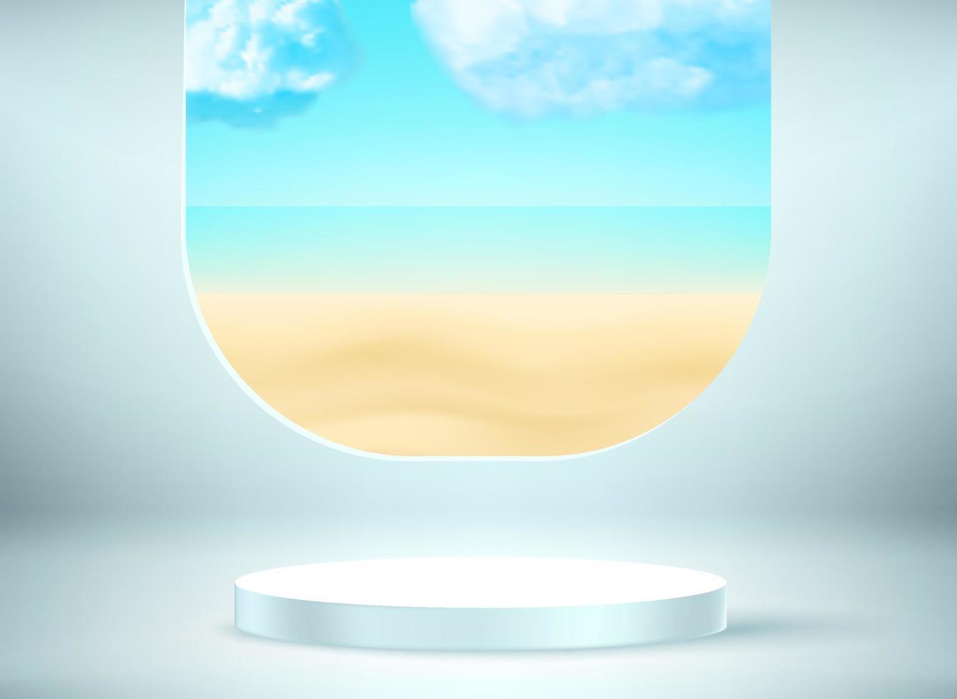 vetrina del prodotto con la finestra e il paesaggio paradisiaco. Mockup vettoriale 3d con fase circolare
