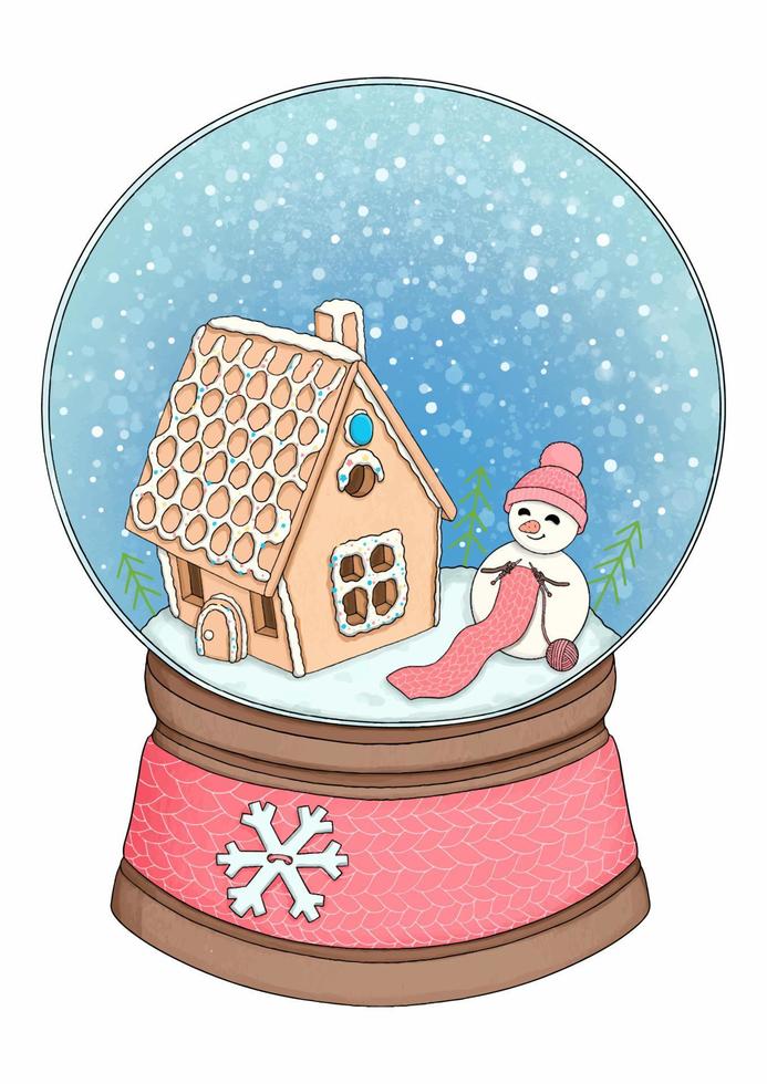 palla di neve di natale con la casa di pan di zenzero e l'illustrazione di vettore del pupazzo di neve di lavoro a maglia