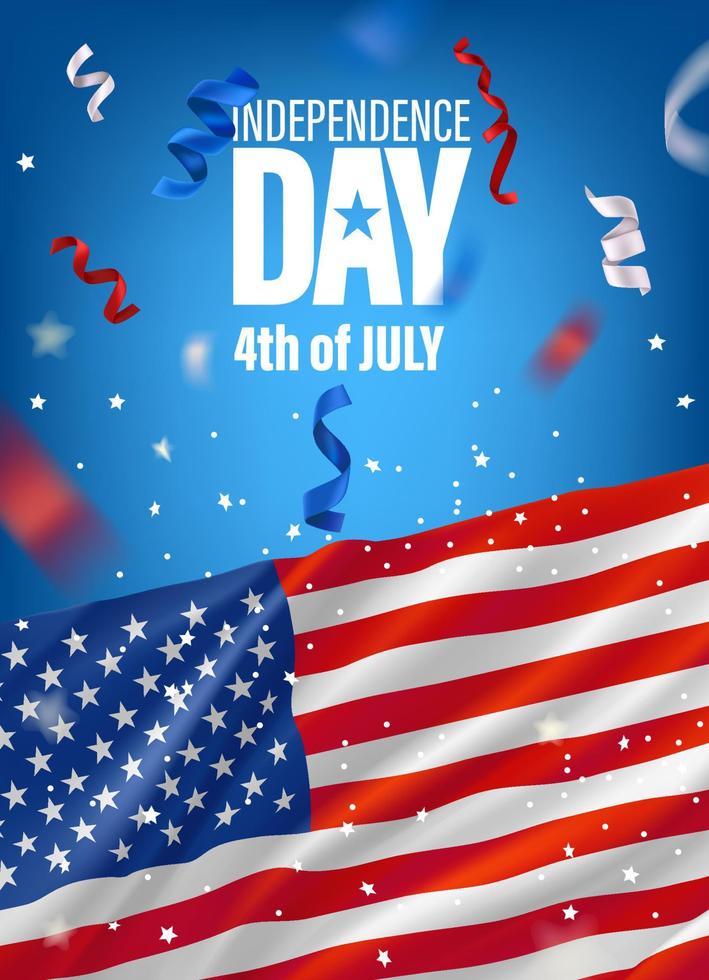 banner verticale del giorno dell'indipendenza degli Stati Uniti con bandiera e coriandoli. quattro luglio vettore