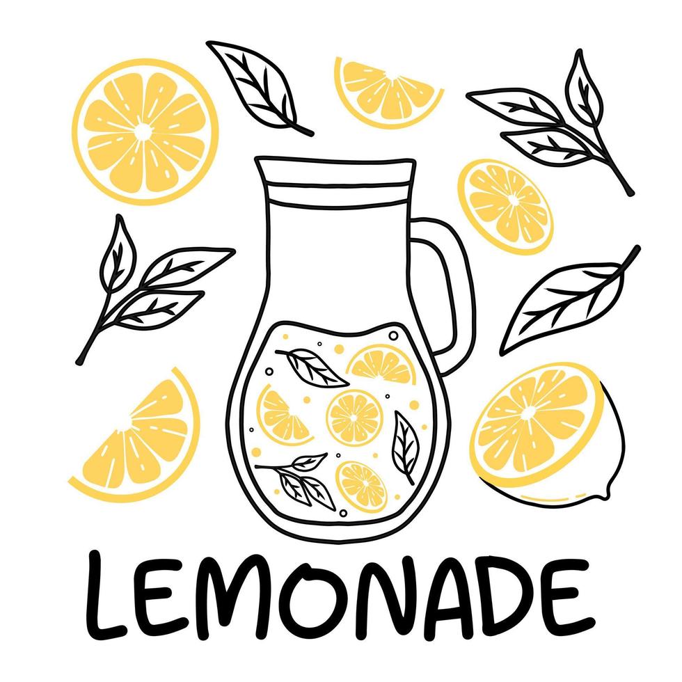 brocca con limonata. limonata con fettine di limone e menta. bevanda fatta in casa. illustrazione vettoriale in stile doodle.
