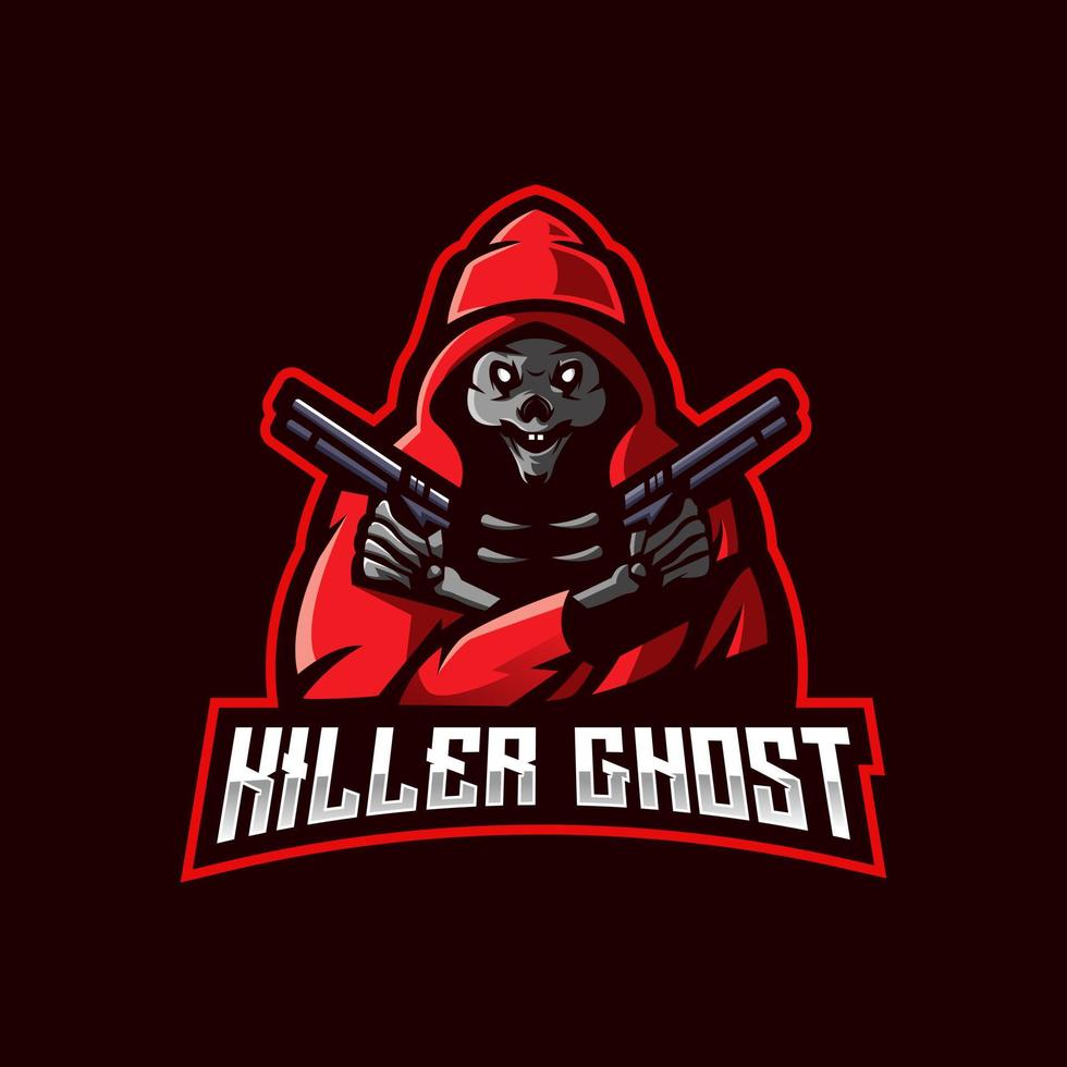 vettore dell'illustrazione del logo della mascotte del fumetto del fantasma dell'assassino. fantasma che porta una pistola