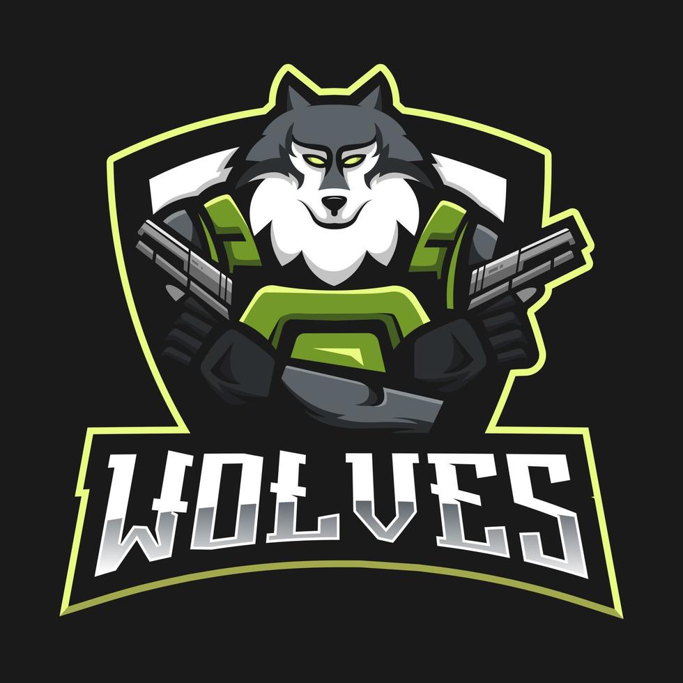 design del logo della mascotte dei lupi esport con uno stile di concetto di illustrazione moderno per la stampa di badge, emblemi e t-shirt. illustrazione di lupo arrabbiato per la squadra sportiva vettore