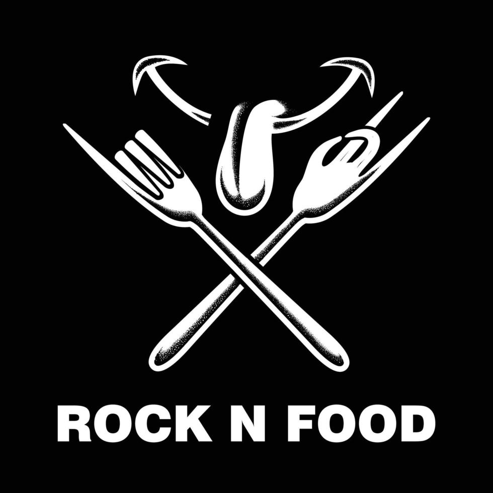 cibo rock n con una forchetta a croce e ispirazione per il design del sorriso, elemento di design per logo, poster, carta, banner, emblema, maglietta. illustrazione vettoriale