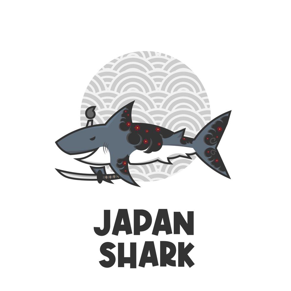 logo dell'illustrazione dello squalo samurai giapponese con tatuaggio vettore
