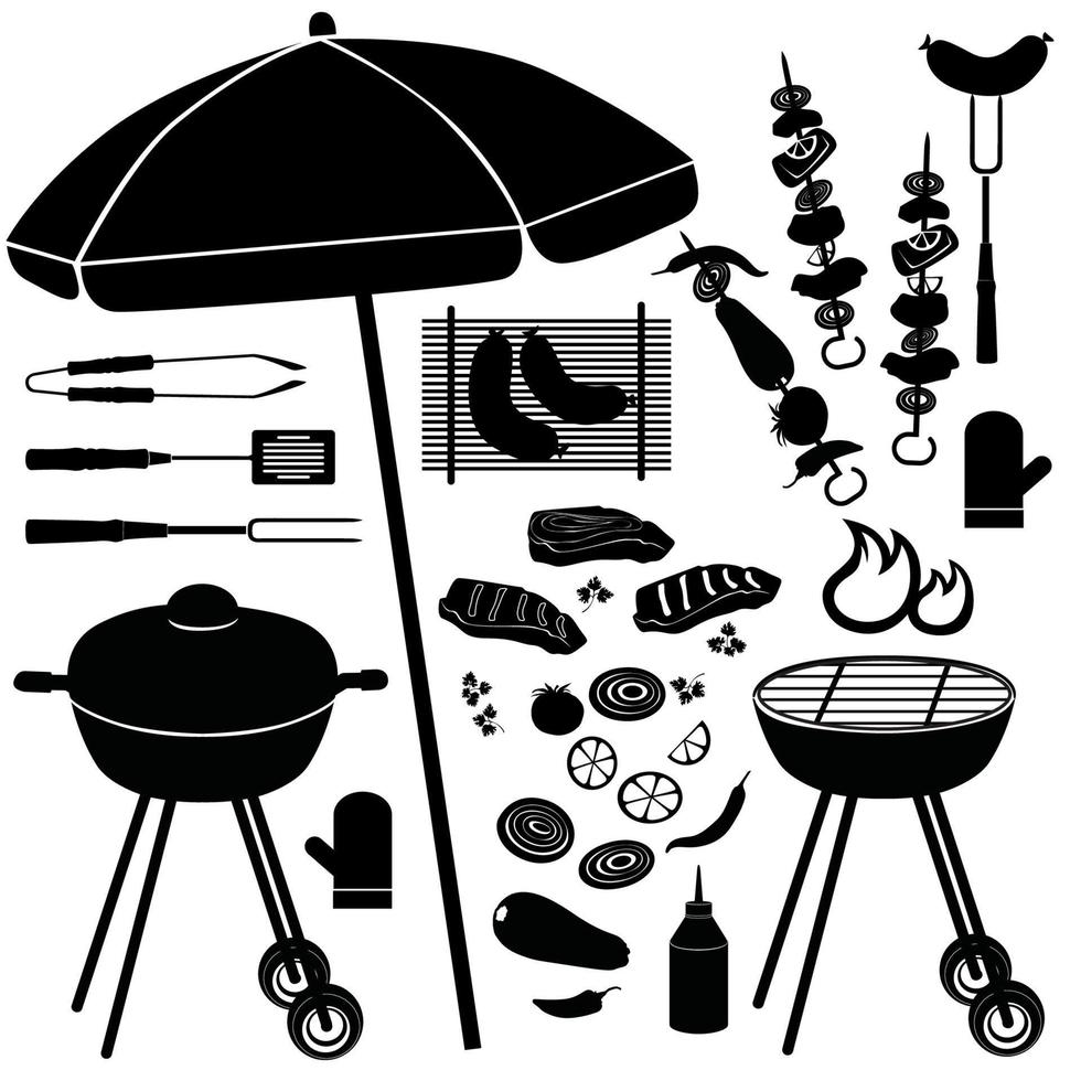 barbecue icone set vettoriale. barbecue illustrazioni raccolta di silhouette isolato su sfondo bianco. vettore