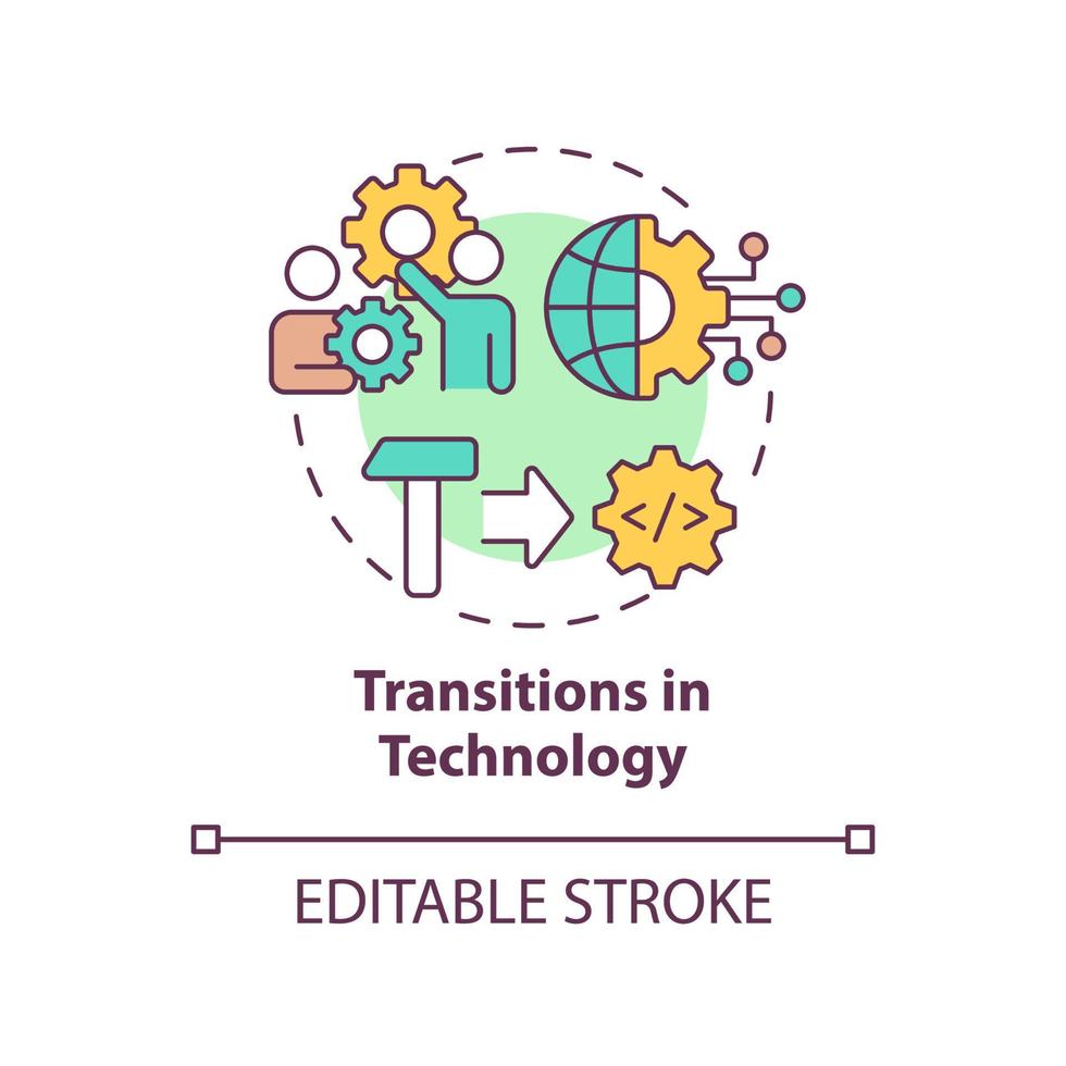 transizioni nell'icona del concetto di tecnologia. digitalizzazione aziendale. illustrazione della linea sottile dell'idea astratta delle tendenze della macro economia. disegno di contorno isolato. tratto modificabile. vettore