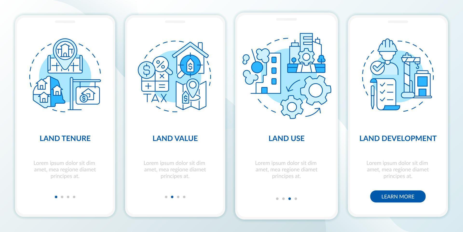 pratica di gestione del territorio schermata dell'app mobile di onboarding blu. procedura dettagliata 4 passaggi pagine di istruzioni grafiche con concetti lineari. ui, ux, modello gui. vettore