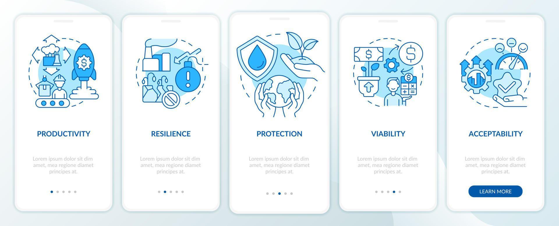 pratiche di gestione sostenibile del territorio schermata dell'app mobile di onboarding blu. procedura dettagliata 5 passaggi pagine di istruzioni grafiche con concetti lineari. ui, ux, modello gui. vettore