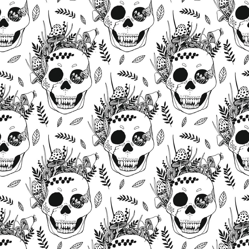 teschi e piante con fiori vector seamless pattern.