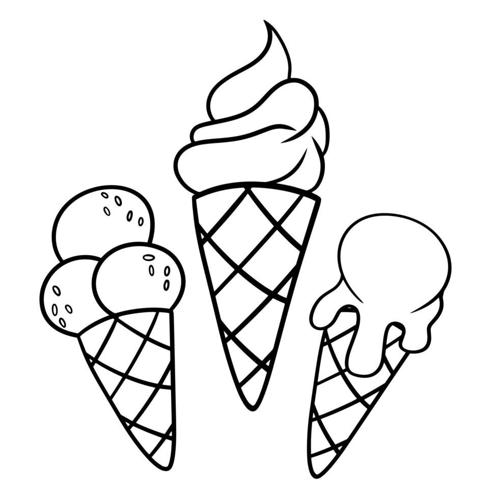 set monocromatico di delizioso gelato alla frutta in stile cartone animato, illustrazione vettoriale su sfondo bianco, libro da colorare