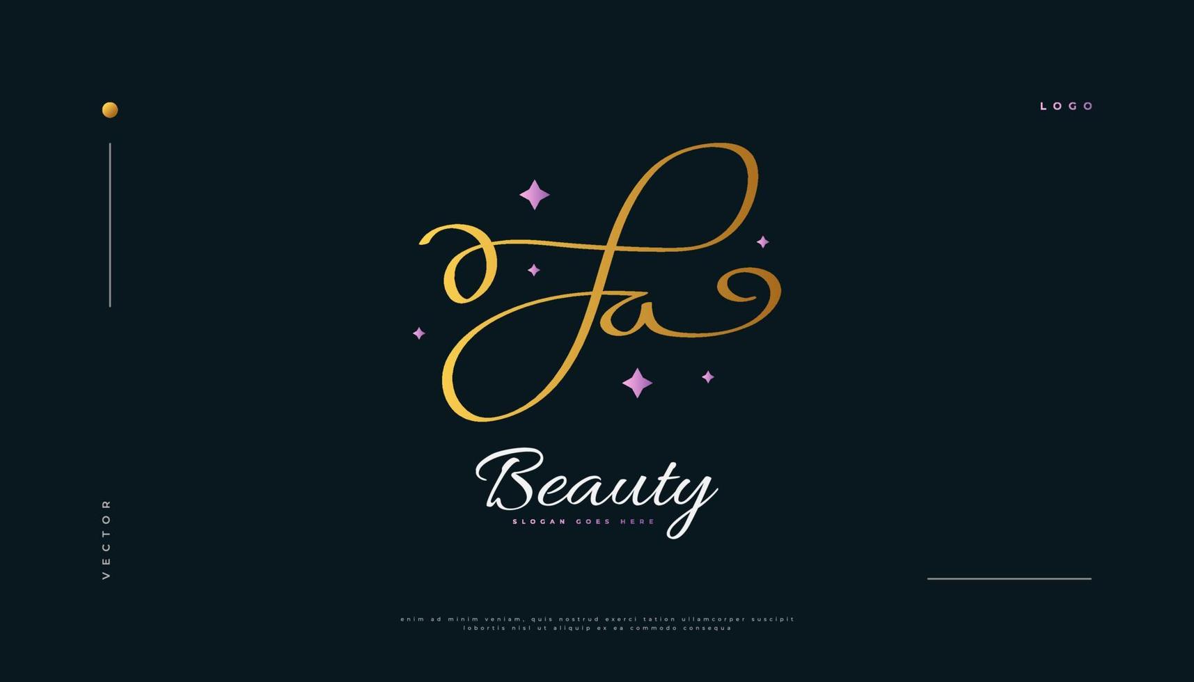 ja design del logo della firma iniziale in stile calligrafico dorato con stelle rosa. iniziale j e un logo design per matrimoni, moda, gioielli, boutique e identità del marchio aziendale vettore