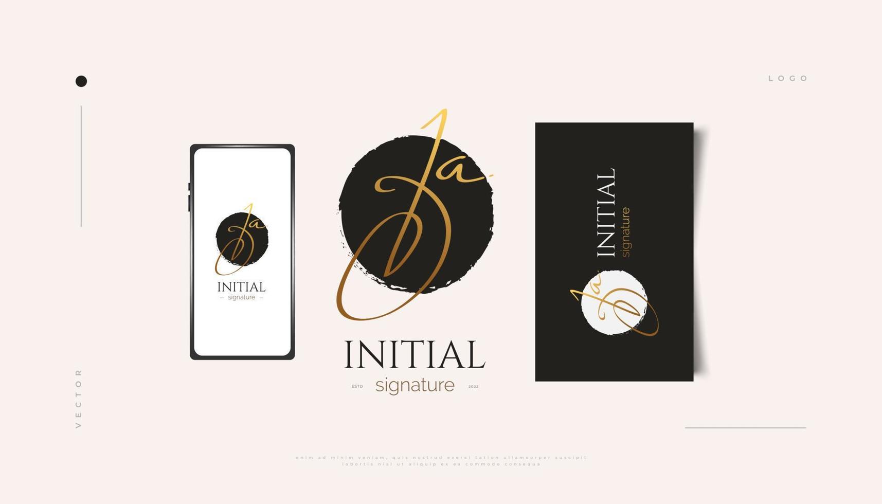 ja design del logo della firma iniziale in stile calligrafico dorato. iniziale j e un logo design per matrimoni, moda, gioielli, boutique e identità del marchio aziendale vettore