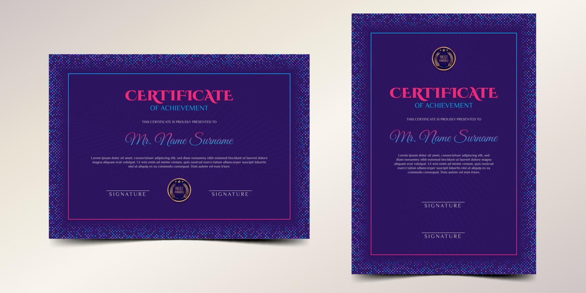 certificato blu e magenta del modello di confine di realizzazione con badge di lusso e motivo a punti vettore