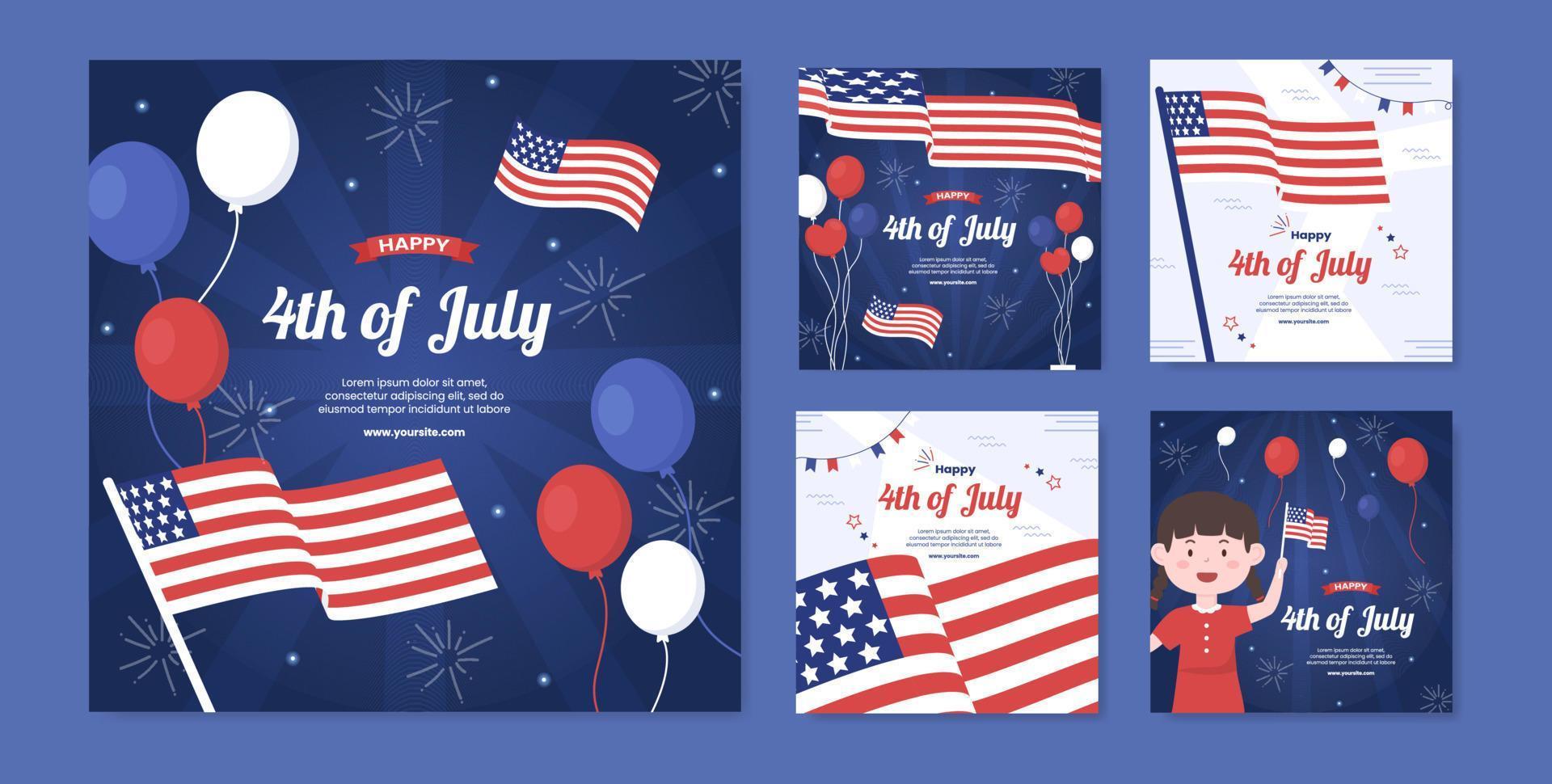 4 luglio felice festa dell'indipendenza usa post social media template vector cartoon illustrazione