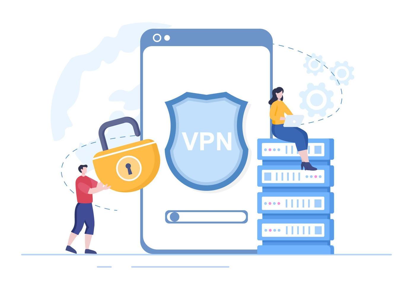 vpn o servizio di rete privata virtuale fumetto illustrazione vettoriale per proteggere, sicurezza informatica e proteggere i suoi dati personali in smartphone o computer