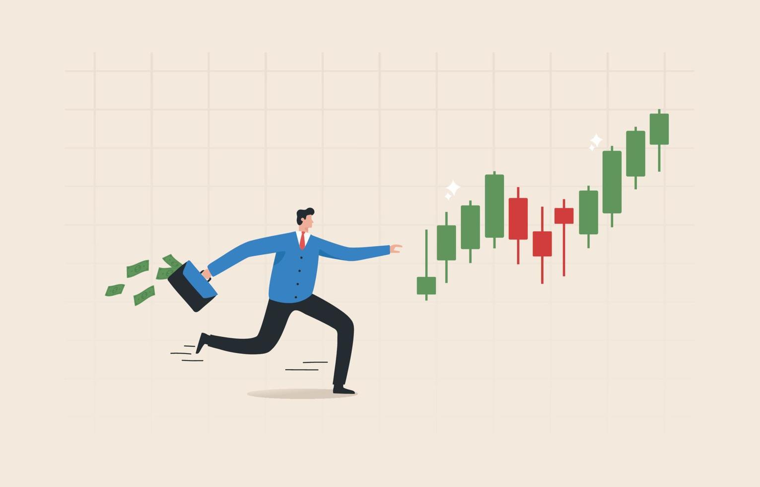 corsa rialzista, trader di successo, profitto da investimenti in borsa o criptovaluta. grafico, borsa, finanziario, bitcoin. l'uomo d'affari segue un candeliere o una tendenza al rialzo. vettore