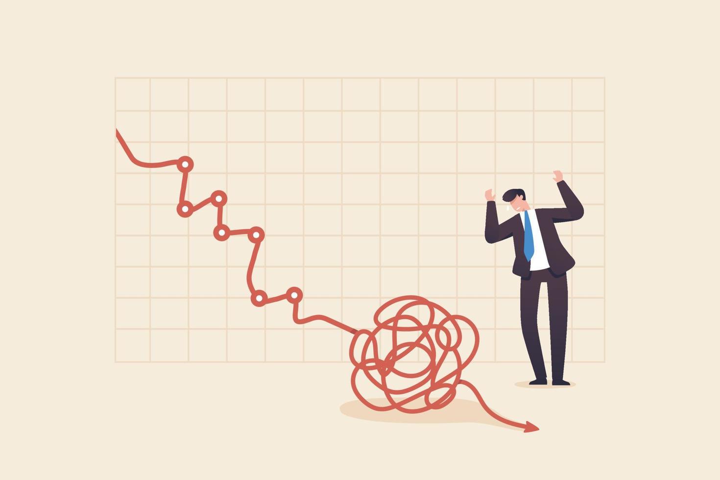 analisi della volatilità delle azioni, affari, economia mondiale, mercato azionario, recessione, previsioni. uomo d'affari che guarda il grafico del crollo del mercato azionario. vettore