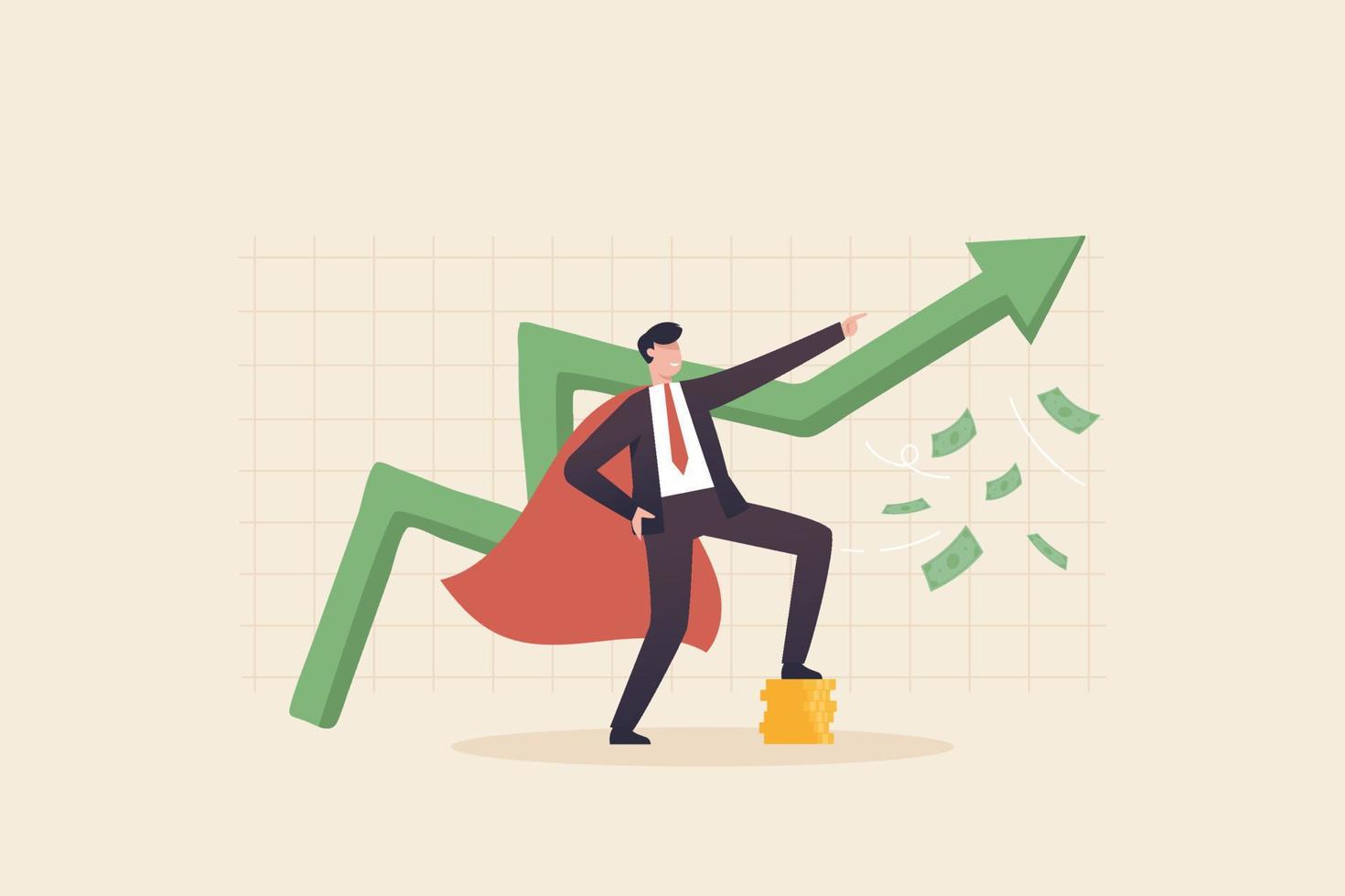 i trader di successo realizzano profitti scambiando investimenti. successo del mercato azionario o criptovaluta. dreamstime.comuomo d'affari in mantello nero, rosso e grafico a freccia. vettore