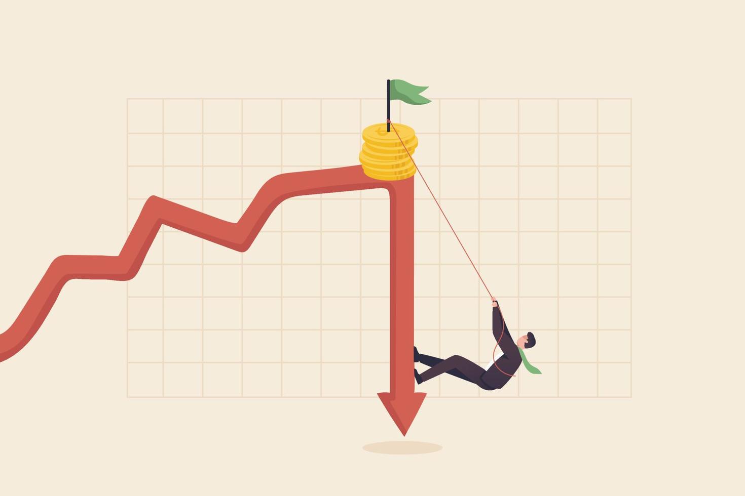 il mercato azionario o criptovaluta è in declino. crisi economica o rischio di investimento il concetto di volatilità. un uomo d'affari cerca di risalire la classifica fino alla cima del punto di profitto. vettore