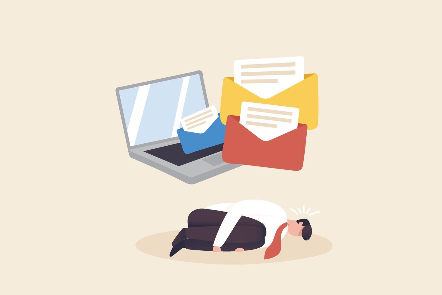 sindrome da burnout. problema mentale o stressante per il troppo carico di lavoro. i dipendenti maschi sono stanchi di rispondere alle e-mail. vettore