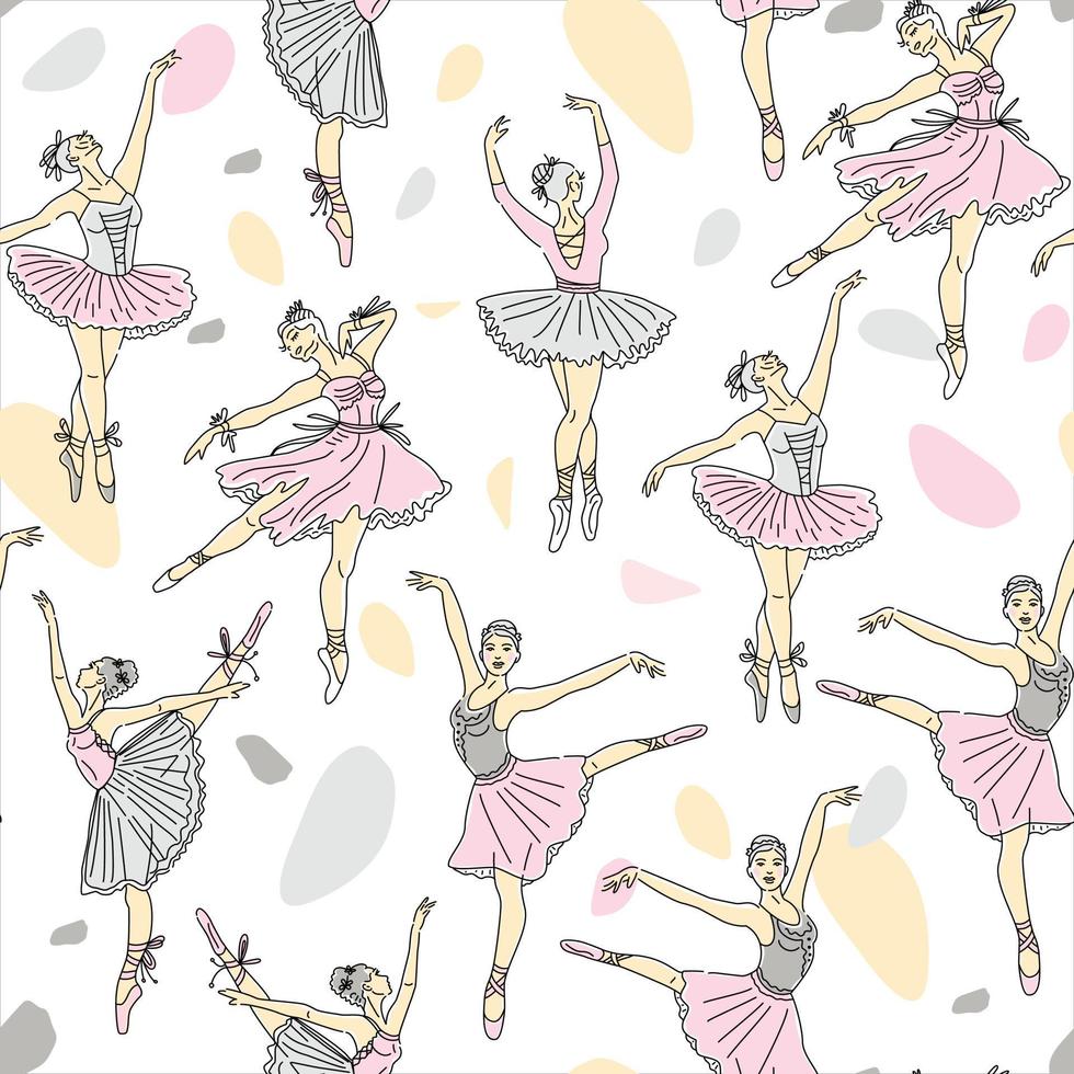 modello senza cuciture. ballerino femminile set di disegno a linea continua in colore rosa. illustrazione della tendenza della danza. vettore