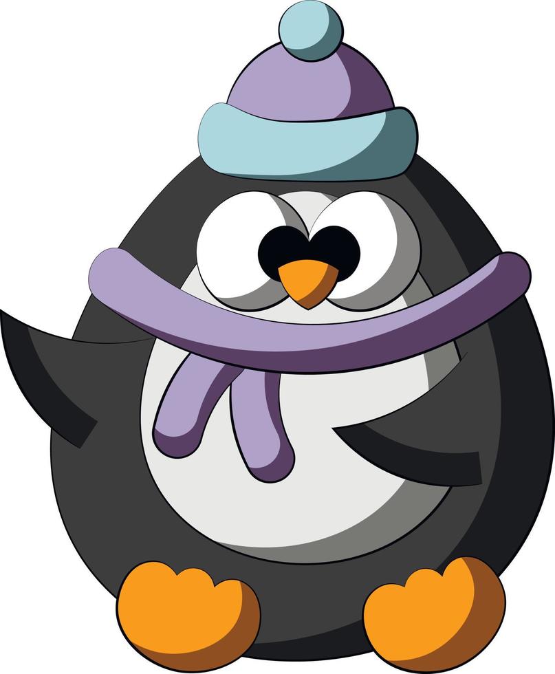 simpatico cartone animato pinguino in copricapo e sciarpa. disegnare l'illustrazione a colori vettore