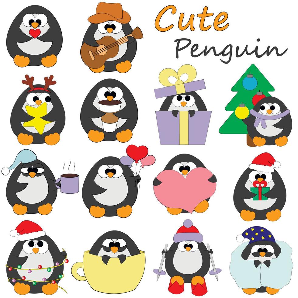 impostare simpatico cartone animato pinguino. disegnare l'illustrazione a colori vettore