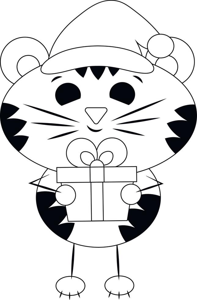 simpatico cartone animato tigre con confezione regalo. disegna l'illustrazione in bianco e nero vettore