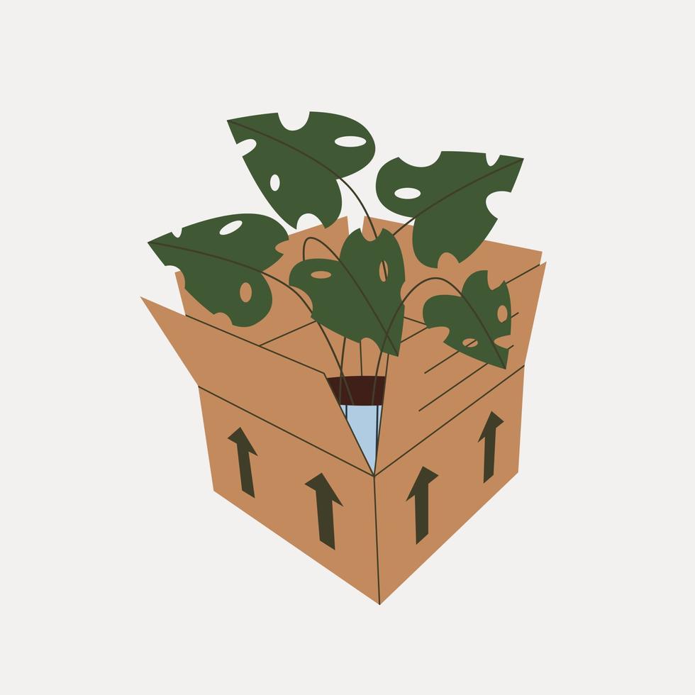spostandosi con le scatole in un nuovo concetto di casa.viaggio. scatole di cartone con varie cose della casa, una pianta. illustrazione isolata del fumetto disegnato a mano. vettore