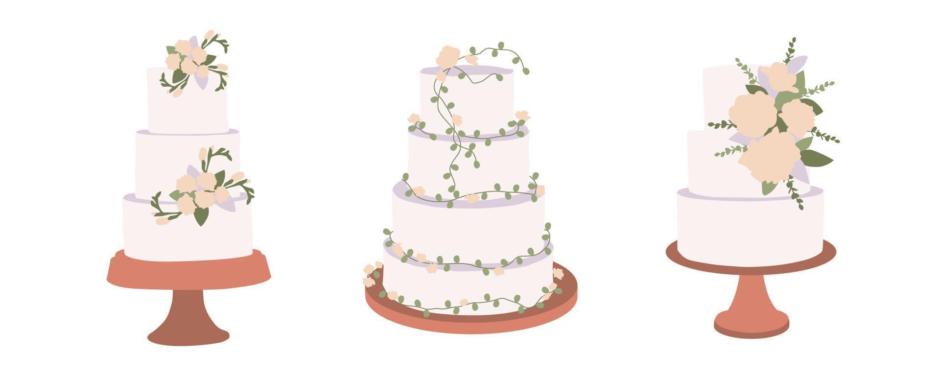 set di torta nuziale moderna con fiori e foglie, decorazione botanica. compleanno contemporaneo deliziosa pasticceria. decorazioni per matrimoni da sposa boho. illustrazione piatta disegnata a mano vettore