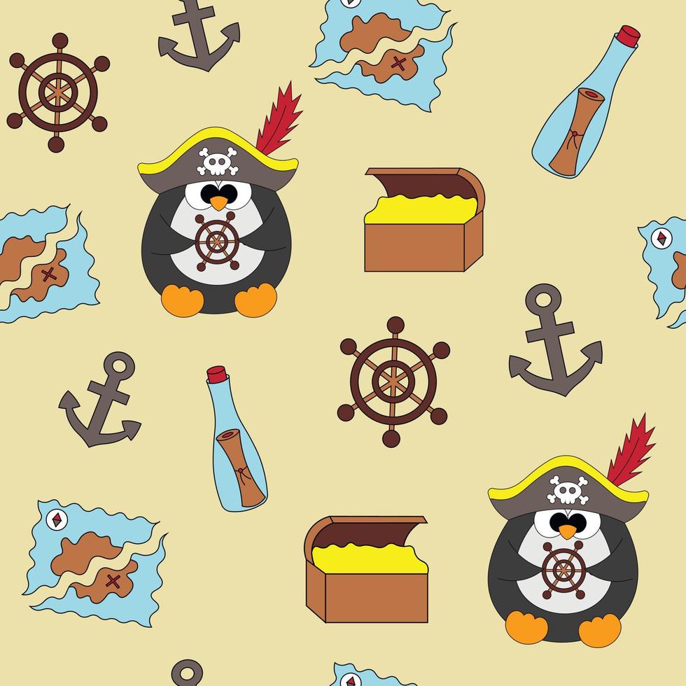 modello senza cuciture con pinguino pirata simpatico cartone animato vettore