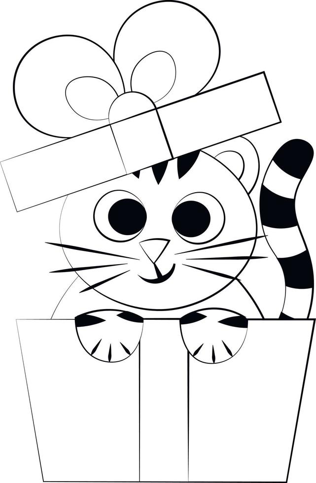 simpatico cartone animato tigre in confezione regalo. disegna l'illustrazione in bianco e nero vettore