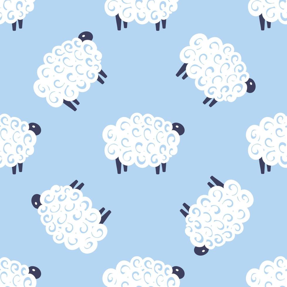 carino pecore vettore seamless pattern bambini sogni d'oro illustrazione su sfondo blu. sfondo doccia bambino. bambino che disegna pecore bianche in stile piatto. design per bambini per tessuto
