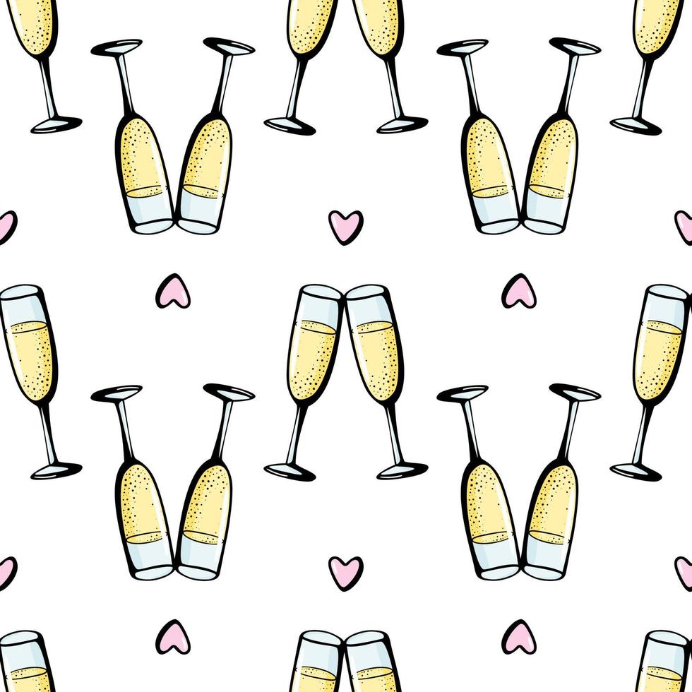 bicchieri di champagne seamless doodle pattern. ciao illustrazione vettoriale su sfondo bianco. biglietto di auguri di San Valentino, poster per la celebrazione dell'anniversario