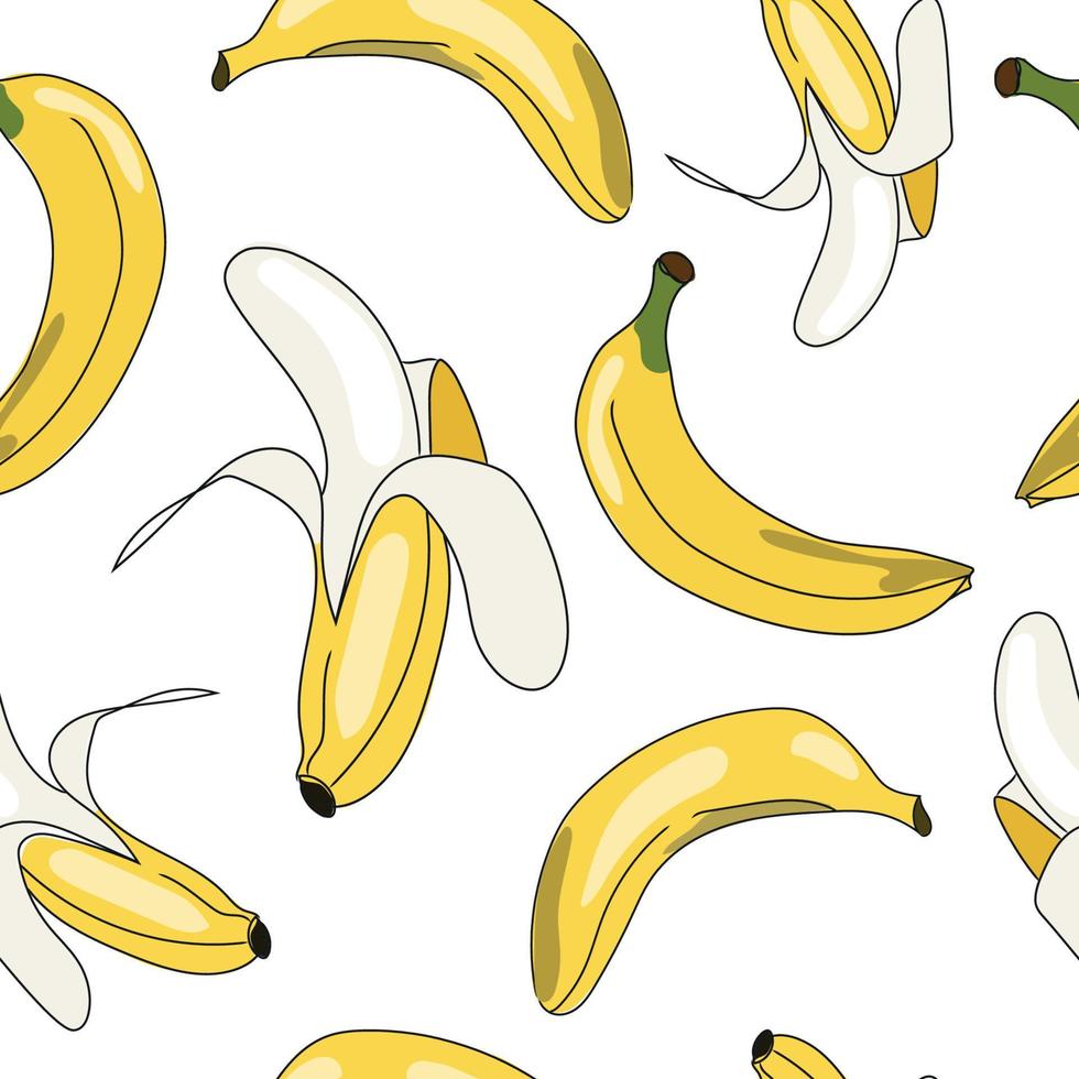 modello di cartone animato alla moda con motivo a banana gialla senza cuciture su sfondo bianco. tessuto vettoriale modello senza cuciture. banana di frutta tpoic cartone animato. carta da parati estiva carina.