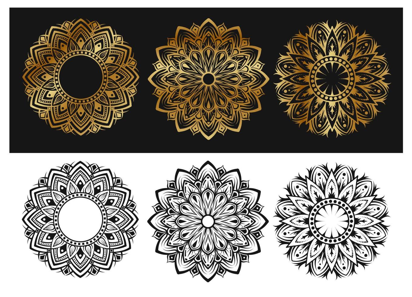 set vettoriale di mandala, decorazione rotonda, oro e nero