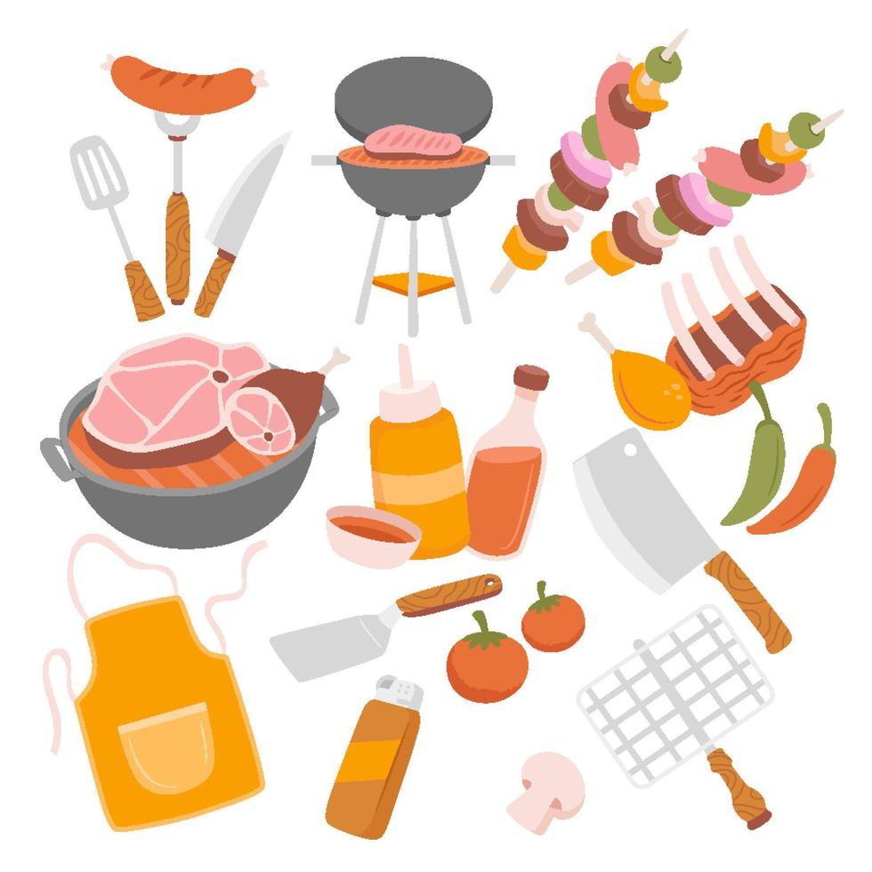 illustrazione piatta di vettore del set di elementi del barbecue. raccolta di attrezzature per barbecue per cucinare barbecue - griglia, spiedino, salsicce, pesce, condimenti, pollo e carne isolati su bianco